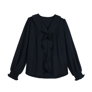 pusumede 小艺术家 设计感法式V领长袖衬衫女宽松荷叶边气质上衣