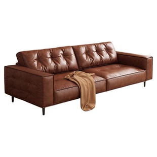 法式中古客厅沙发双人家用小户型高级复古油蜡皮轻奢办公室三人位