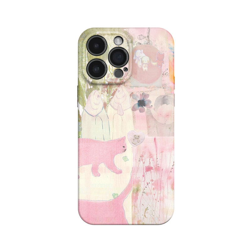 粉色记忆~梦核小猫涂鸦适用iPhone16/15promax手机壳新华为pura70苹果13小米14畅享70小众vivoS19软iqooneo10