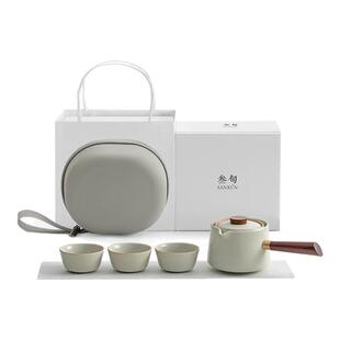 叁旬汝窑懒人转转泡茶神器便携式快客杯一壶三杯高档旅行茶具套装