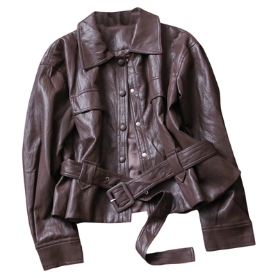 带腰带翻领收腰机车服长袖皮衣