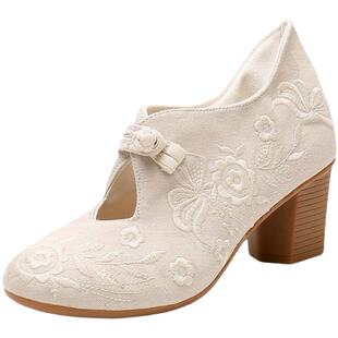 老北京布鞋女新款高跟搭配旗袍的鞋中国风粗跟汉服鞋民族风绣花鞋