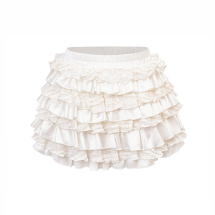 RECIT 米白色重工多层蛋糕裙半身裙女冬季千金风缎面拼接蕾丝短裙