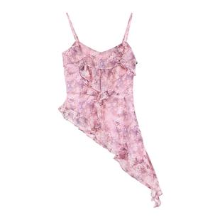 pusumede不规则荷叶边碎花吊带背心女外穿设计感气质无袖辣妹上衣