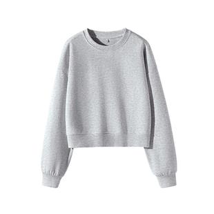 班尼路灰色短款卫衣女2025秋季新款套头无帽小个子宽松圆领上衣N