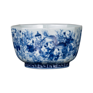 钟家窑陶瓷茶杯景德镇柴窑青花手绘人物童子八方杯功夫主人杯单杯