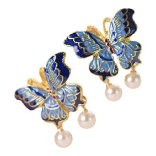 汉服掩鬓流苏明制头饰烧蓝蝴蝶珍珠古风唐诃子裙u钗簪子插梳发饰