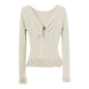 Cello Sonata 2024春季新款米白针织两面穿金属珠挖空流苏上衣女