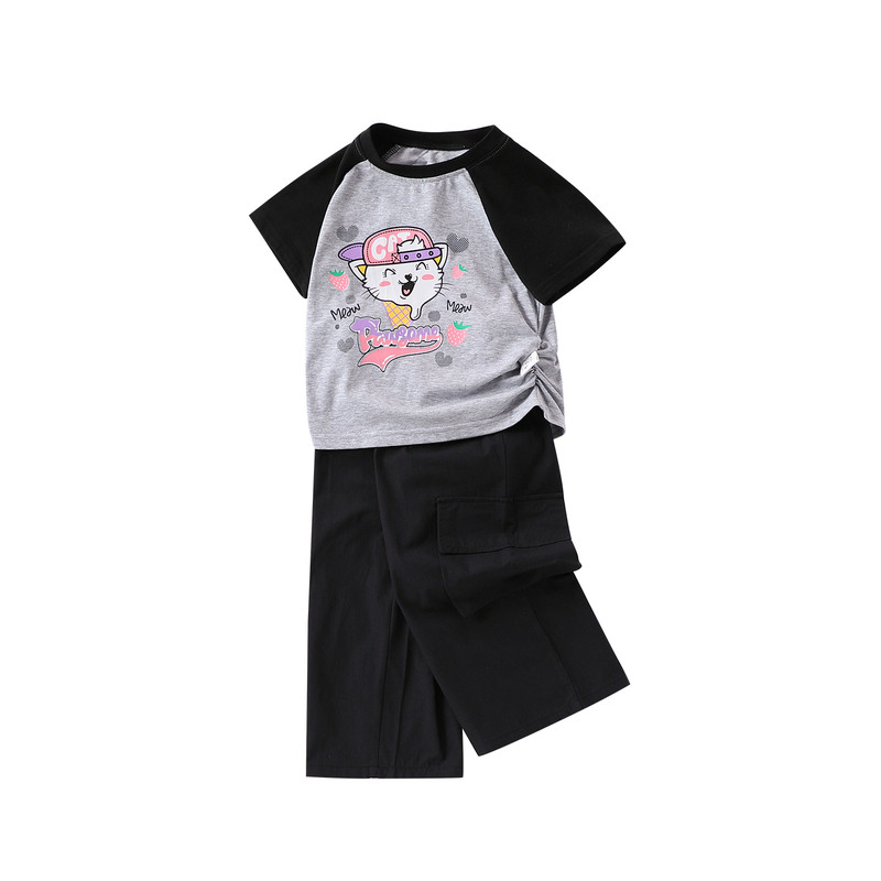 女童夏季短袖套装宝宝新款萌趣上衣工装裤两件套小儿童休闲衣服潮