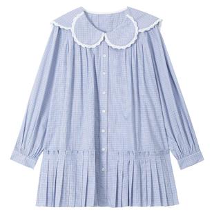 KEIKO 日系花形领蓝格子衬衫连衣裙春季甜系减龄灯笼袖宽松娃娃裙