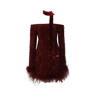 DPLAY法式红色一字肩礼服裙2025秋冬新款女装圣诞年会派对连衣裙