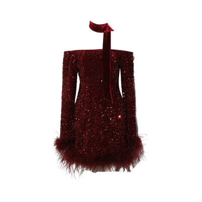 DPLAY法式红色一字肩礼服裙2025秋冬新款女装圣诞年会派对连衣裙