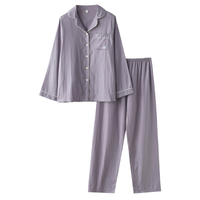 女纯棉纱布口袋刺绣长袖家居服