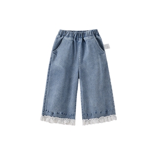 [7A抑菌]女童牛仔裤春季新款花边法式儿童水洗长裤甜美宝宝直筒裤