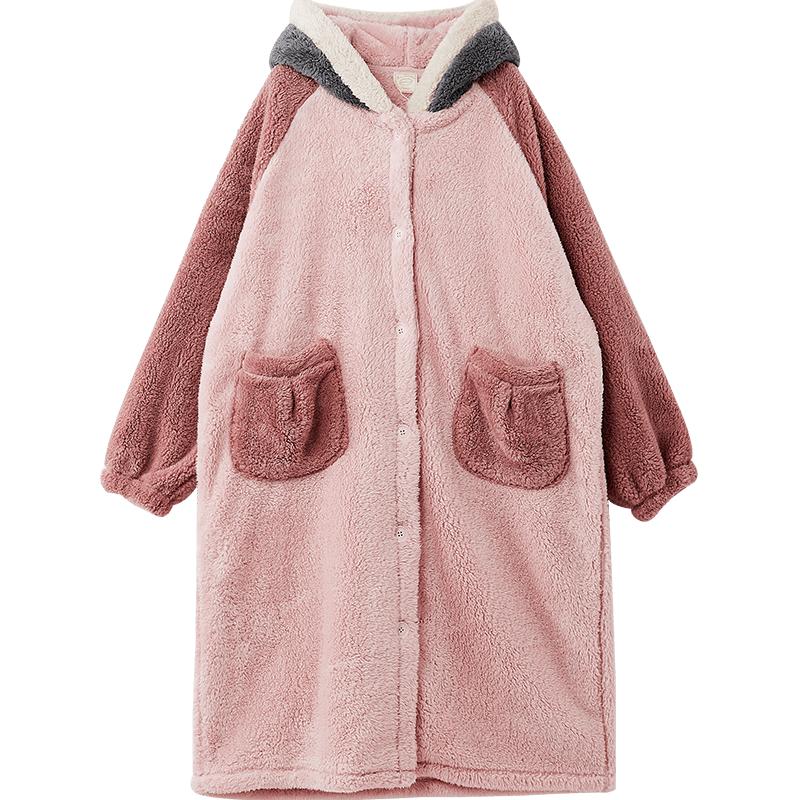 果殼睡袍女冬長(zhǎng)款睡衣女秋冬珊瑚絨睡衣女睡袍冬女家居服冬季D