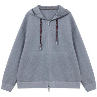 BLUE ERDOS2026早春新品都市通勤花灰色棉混纺连帽拉链卫衣外套女