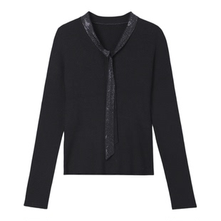 大洪洪【璀璨星河】春秋新款飘带烫钻长袖针织衫女优雅羊毛衫上衣