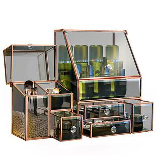 玻璃化妆品收纳盒高级防尘家用大容量桌面口红梳妆台护肤品置物架
