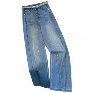 浅色重工满天星烫钻牛仔裤女2026新款春季带钻亮钻爆闪闪直筒裤子