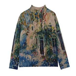 2025新款100%水溶羊毛小圆领印花针织打底衫女薄款日常修身妈妈装