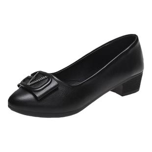 妈妈鞋单鞋软皮软底春季中年单鞋女中跟粗跟皮鞋舒适黑色工作女鞋