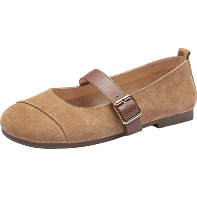 色非一字带平底真皮玛丽珍鞋