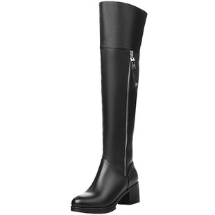 过膝靴女款真皮长靴粗跟秋冬季靴子中跟棉皮靴女式高统马丁靴棉鞋