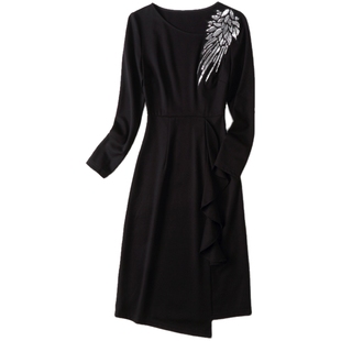 2025春秋气质新款高端名媛改良旗袍收腰包臀黑色长袖针织连衣裙女