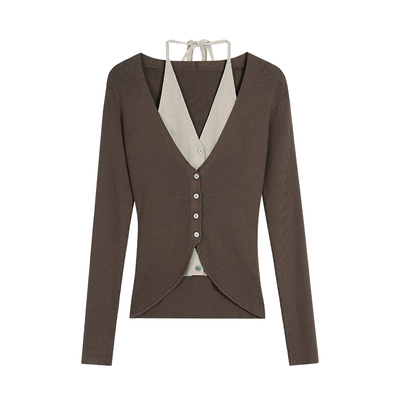 撞色假两件挂脖针织衫女