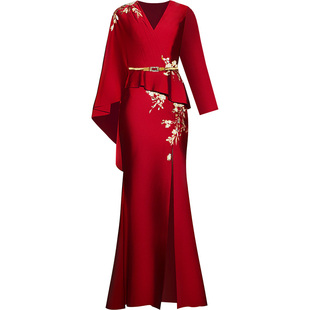 创意狐婚礼红色礼服高端晚礼服酒会主持宴会连衣裙气质妈妈礼服裙