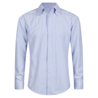 平圆方中一片领粉蓝条纹长袖衬衫