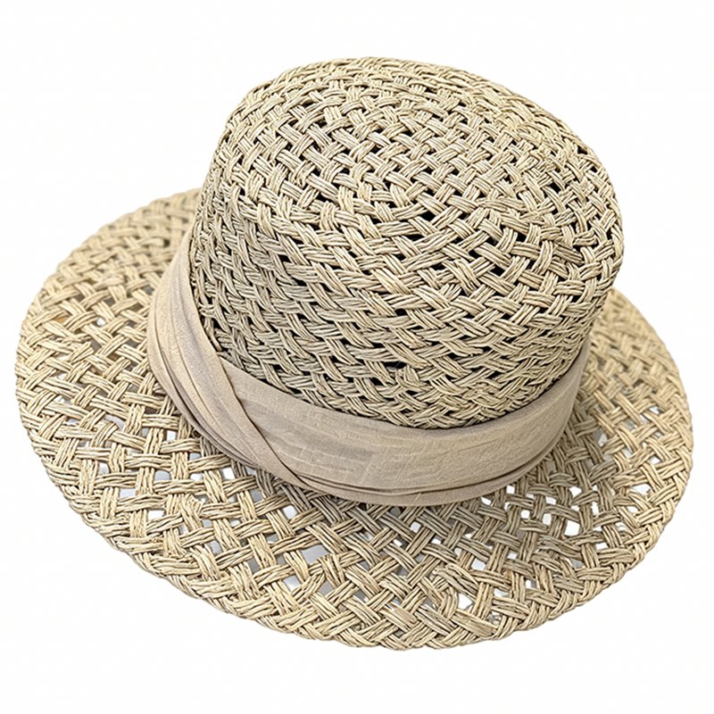 老钱风三股编织平顶遮阳草帽女