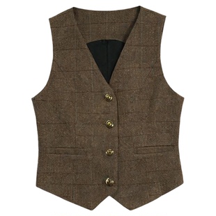 利达 NEW DADADA【咖绒素襟】复古做旧卡其色马甲女开衫无袖马夹