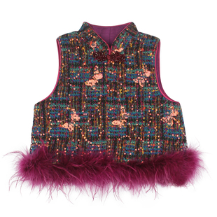 大耳象女童亮片蝴蝶旗袍马甲冬款宝儿新中式拜年服动物毛条上衣