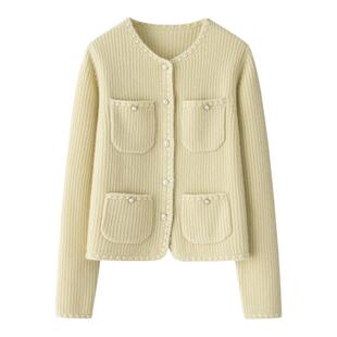 上身美炸了~100山羊绒加厚装饰女开衫鄂尔多斯市圆领纯色短款毛衣