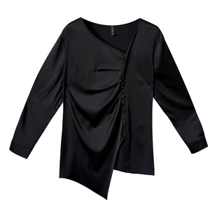 设计感不规则缎面大码衬衫女装2025秋季款胖妹妹mm宽松中长款衬衣