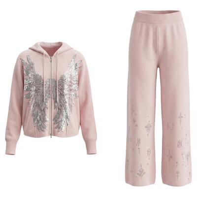 TCH烫钻天使之翼慵懒显瘦连帽外套休闲裤粉色针织套装T78A07E1141