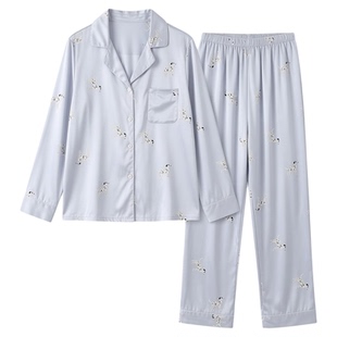 芋泥紫斑点狗真丝睡衣女高级ins薄款桑蚕丝丝绸春秋长袖家居服夏