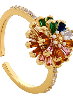 彩色锆石花朵开口戒指小众设计