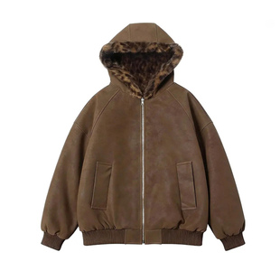 HandSeven座山雕撞色豹纹棉衣PU冬季新款保暖毛茸茸连帽棉服外套