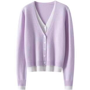 贵美贵美!假两件纯山羊绒开衫女V领纯羊绒毛衣针织开衫外套秋冬