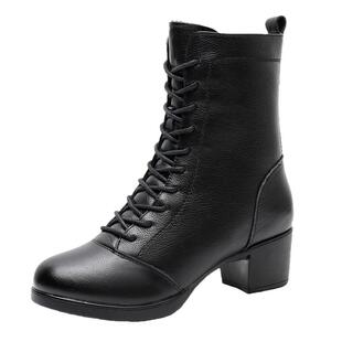 意中飞舞蹈鞋外穿时尚女带跟软底室外真皮跳舞鞋新款水兵舞鞋靴子