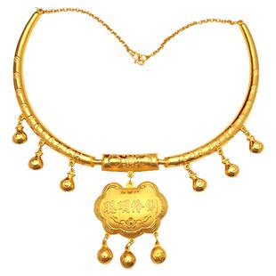 儿童亲子推拉手镯铜镀金色满月礼物宝宝镯子沙金项圈长命锁吊坠