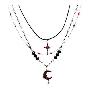猩红月牙多层叠戴项链十字吊坠项圈拼接多层锁骨链哥特亚文化配饰