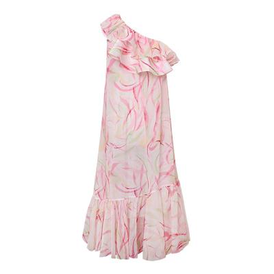 MaisonWester印花斜肩荷叶边连衣裙可露丽穿搭裙子