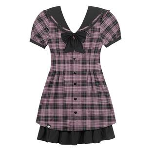 SagiDolls少女斗志巨显瘦!甜酷辣妹粉黑格水手领蝴蝶结短袖连衣裙