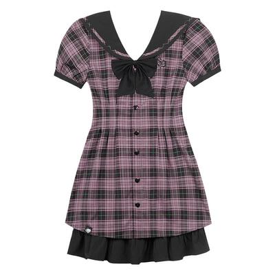 粉黑格甜辣收腰显瘦连衣裙