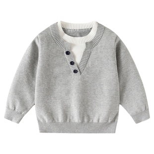 韩版休闲圆领长袖套头针织衫男童假两件亨利领灰色百搭毛衣中小童