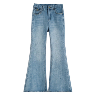 烫钻满天星水钻重工微喇叭牛仔裤女2026冬季新款高腰显瘦浅蓝长裤