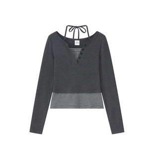 UNRETRO 亨利领假两件条纹T恤女秋冬收腰显瘦打底衫长袖上衣内搭